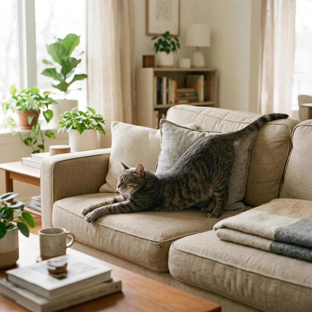 A grey tabby cat stretching on a sofa in a tidy home
